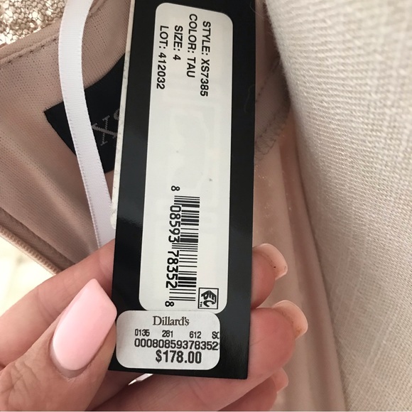 XSCAPE size 4 tan midi dress with gold sparkles and built in bra - Picture 11 of 14